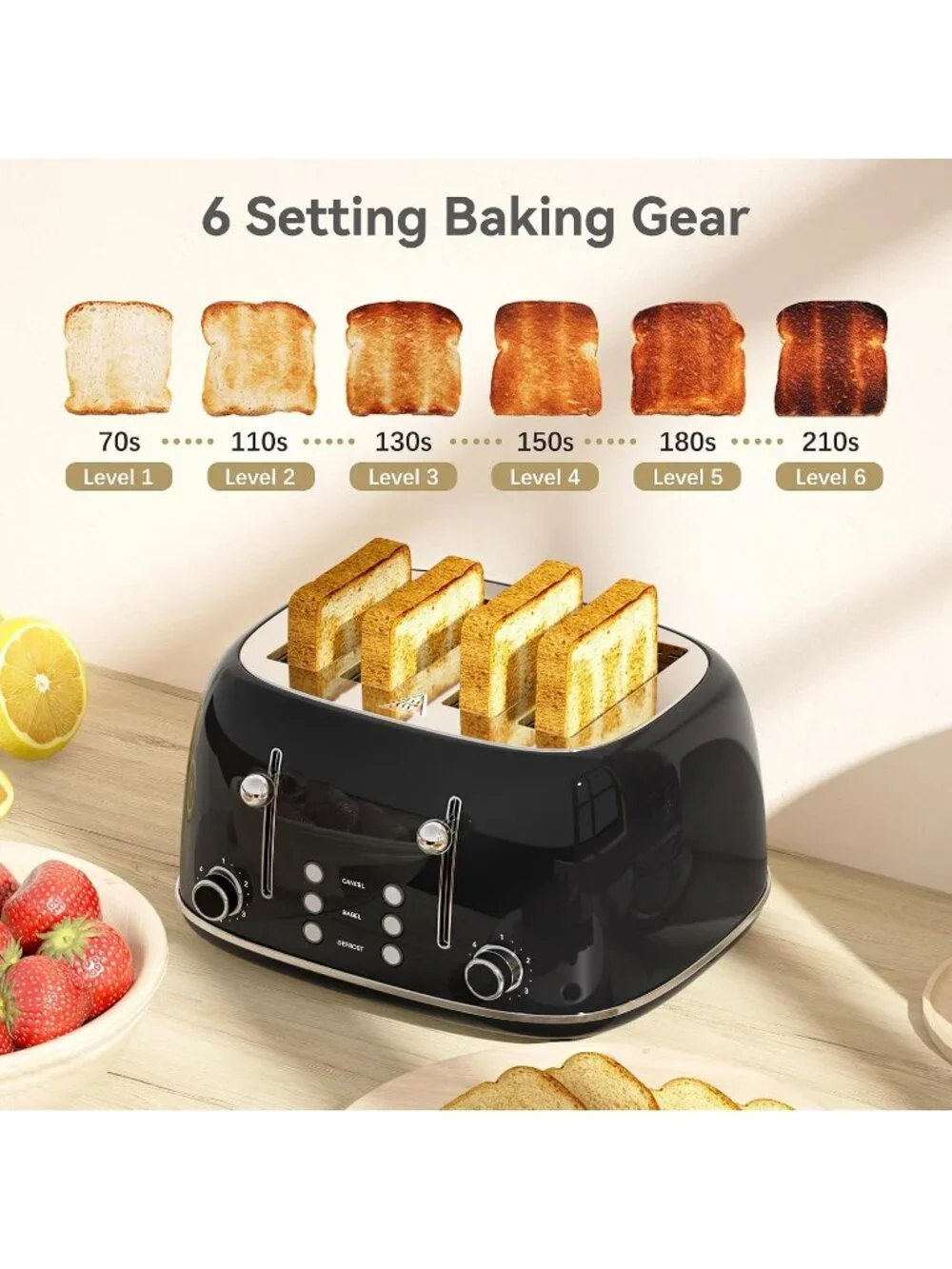 4 Slice Black Retro Stainless with 6 Bread Shade Settings 1.5''Wide Toaster